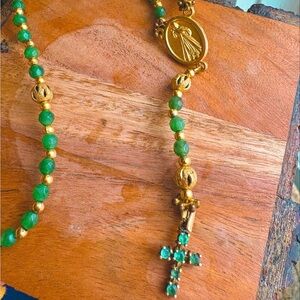 Emerald Green and Gold Rosary with Medallion and Cross